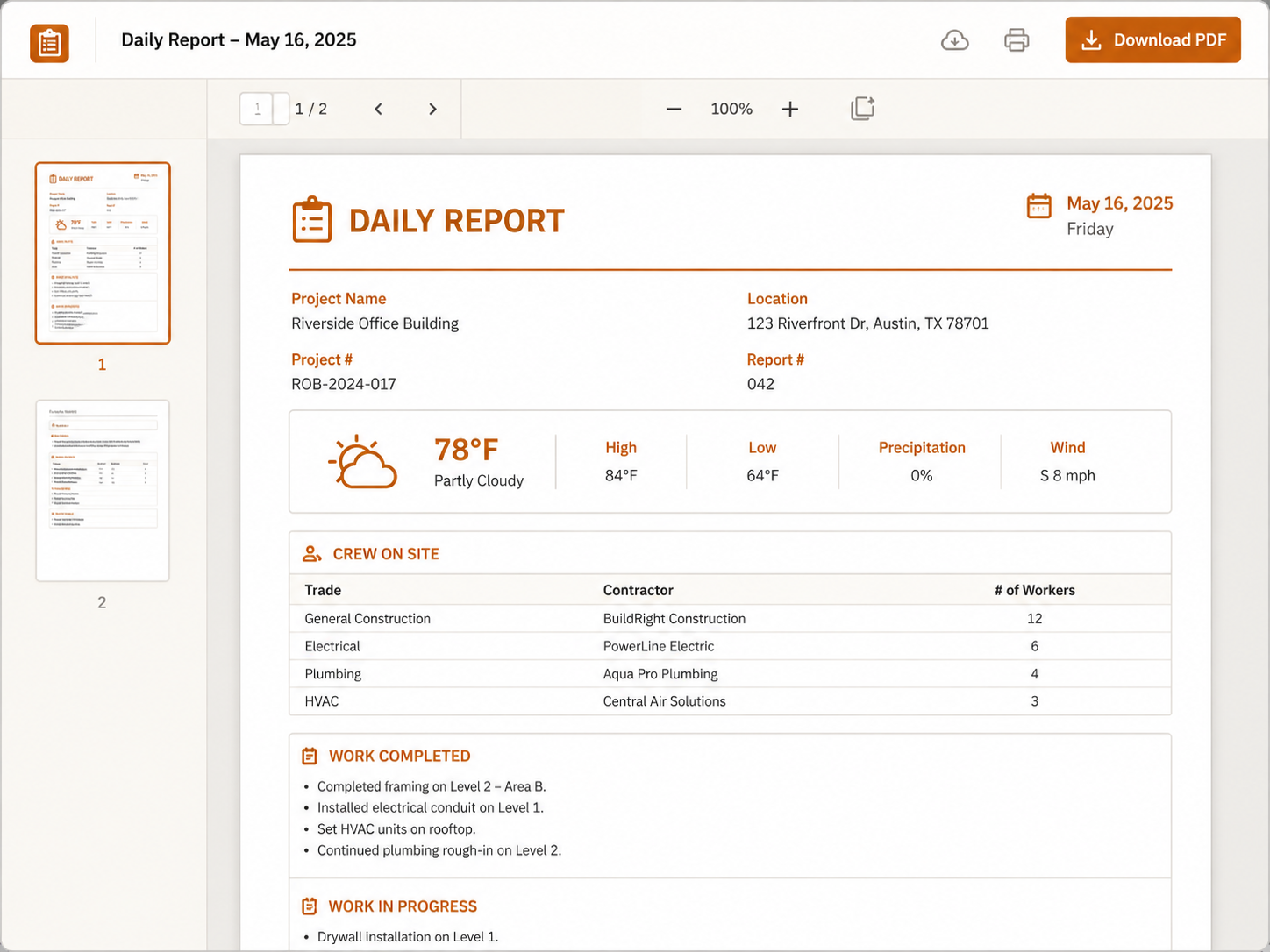 Construction daily report PDF export preview