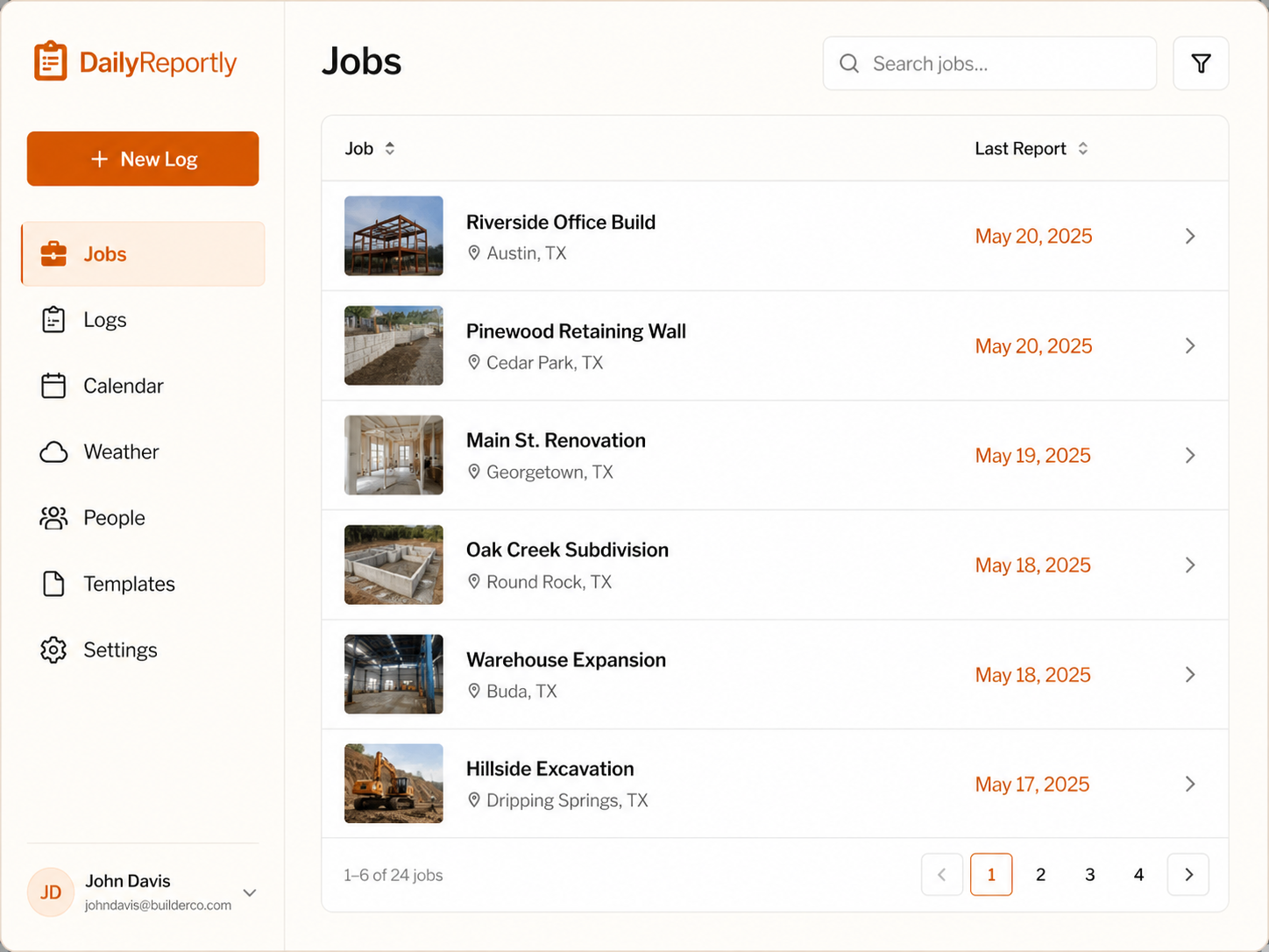 Job list with last report date and status